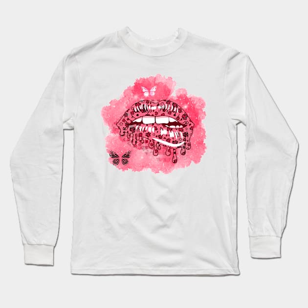 Pink leopard lips with shamrock leaves watercolor st patricks day Long Sleeve T-Shirt by NIKA13